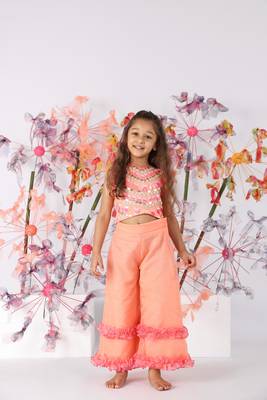 Hand embroidered dark peach tie-up top with flare organza pants 2