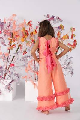 Hand embroidered dark peach tie-up top with flare organza pants 3