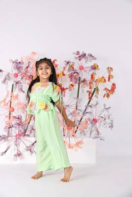 Light green hand embroidered top with drawstring sleeves and green pants 3