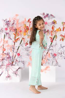 Dark mint sleeveless organza top with pastel floral embroidery and silk pants 3
