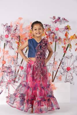 Elegant blue bamberg silk top with cutwork frills & pink printed organza layered skirt 1