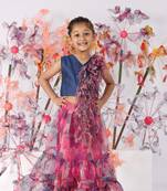 Elegant blue bamberg silk top with cutwork frills & pink printed organza layered skirt