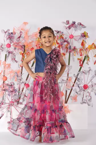 Elegant blue bamberg silk top with cutwork frills & pink printed organza layered skirt