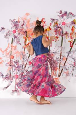 Elegant blue bamberg silk top with cutwork frills & pink printed organza layered skirt 3