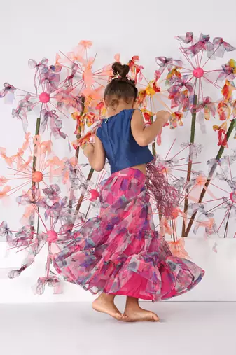 Elegant blue bamberg silk top with cutwork frills & pink printed organza layered skirt