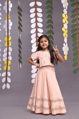 Gold embroidered silk lehenga and blouse in light pink 1