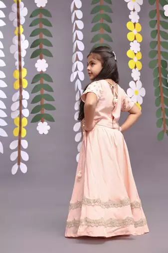 Gold embroidered silk lehenga and blouse in light pink
