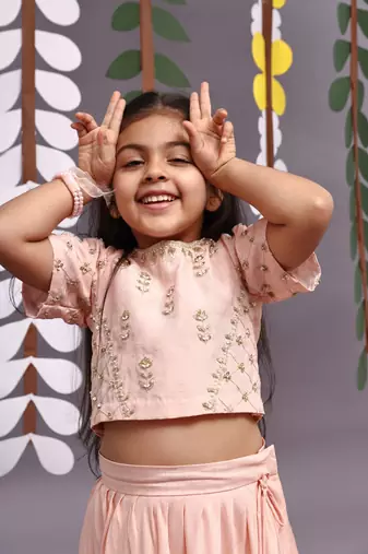 Gold embroidered silk lehenga and blouse in light pink