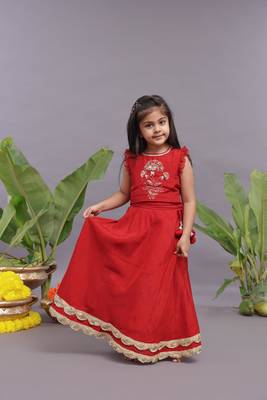 Gold work embroidered silk lehenga and blouse in red 2