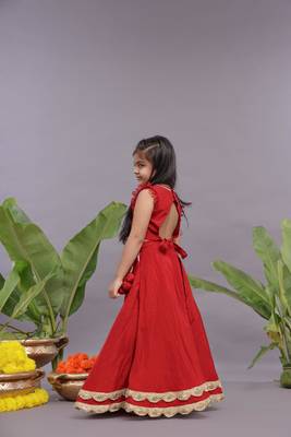 Gold work embroidered silk lehenga and blouse in red 4