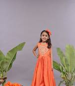 Gold work embroidered silk jumpsuit in orange