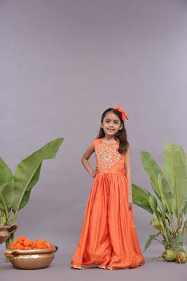 Gold work embroidered silk jumpsuit in orange 2