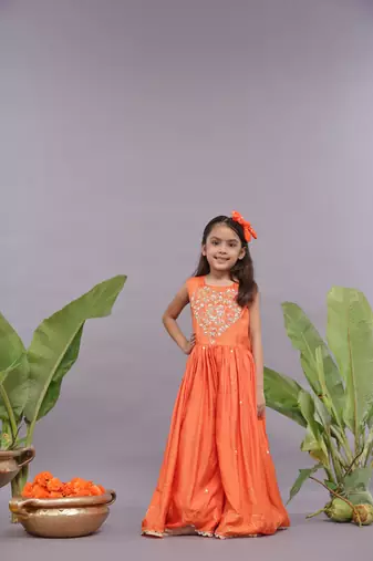 Gold work embroidered silk jumpsuit in orange