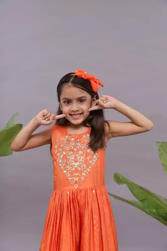 Gold work embroidered silk jumpsuit in orange