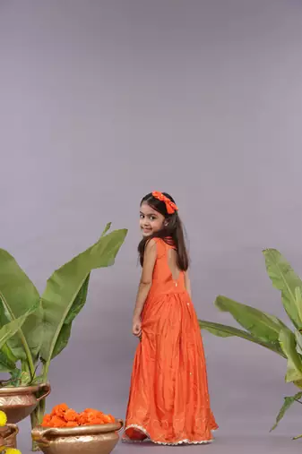 Gold work embroidered silk jumpsuit in orange