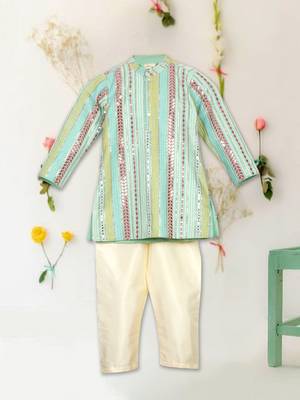 Saka designs boy's sequence emberoidered kurta & pyjamas - sea green 1