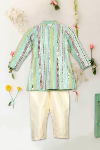 Saka designs boy's sequence emberoidered kurta & pyjamas - sea green