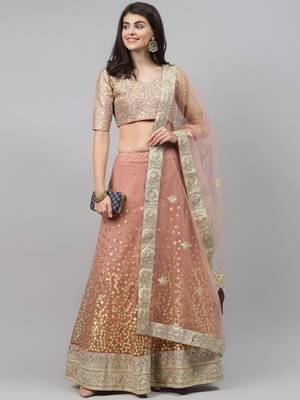  brown zari worked soft net lehenga set choli with dupatta 1