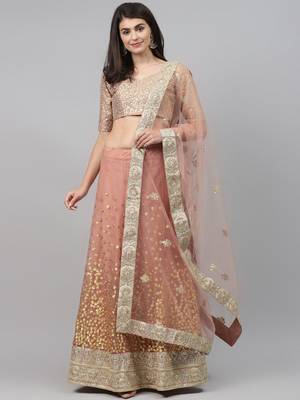  brown zari worked soft net lehenga set choli with dupatta 2