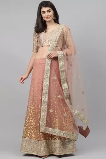  brown zari worked soft net lehenga set choli with dupatta