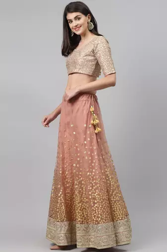  brown zari worked soft net lehenga set choli with dupatta