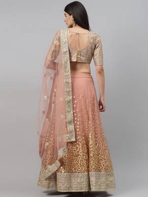  brown zari worked soft net lehenga set choli with dupatta 4