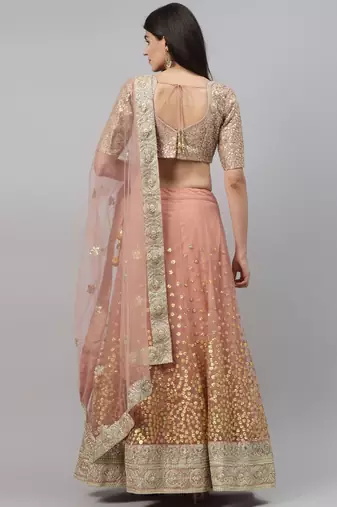  brown zari worked soft net lehenga set choli with dupatta