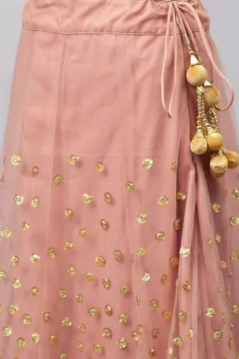  brown zari worked soft net lehenga set choli with dupatta