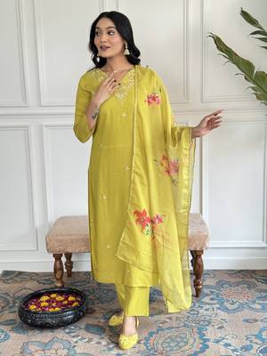 Yellow Embroidered Rayon Slub Straight Kurta Pant and Dupatta Set 1