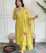 Yellow Embroidered Rayon Slub Straight Kurta, Pant and Dupatta Set