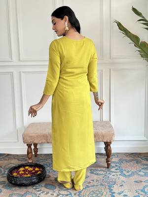 Yellow Embroidered Rayon Slub Straight Kurta Pant and Dupatta Set 2