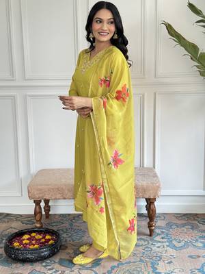 Yellow Embroidered Rayon Slub Straight Kurta Pant and Dupatta Set 3