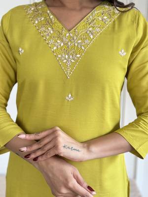 Yellow Embroidered Rayon Slub Straight Kurta Pant and Dupatta Set 4