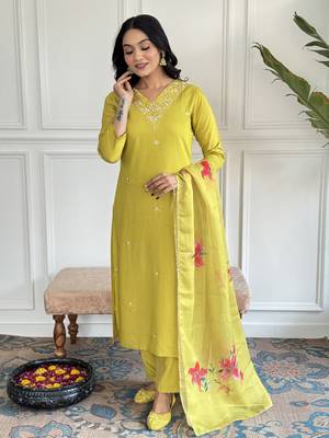 Yellow Embroidered Rayon Slub Straight Kurta Pant and Dupatta Set 5