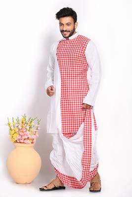 Exclusive white-red checks dhoti & kurta full set 1