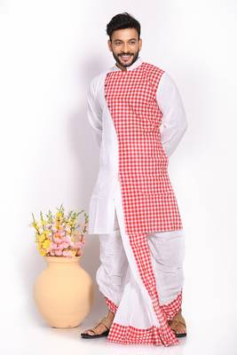 Exclusive white-red checks dhoti & kurta full set 2