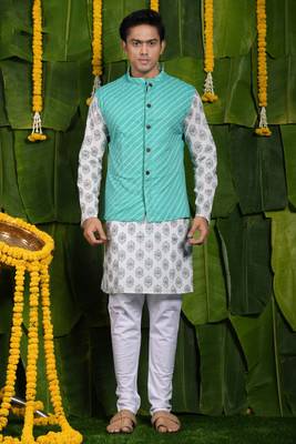 Designer aqua blue printed kurta & jacket set 1