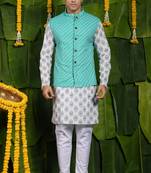 Designer aqua blue printed kurta & jacket set