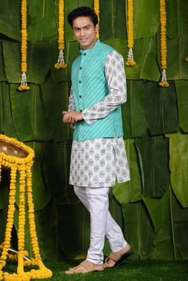 Designer aqua blue printed kurta & jacket set 2