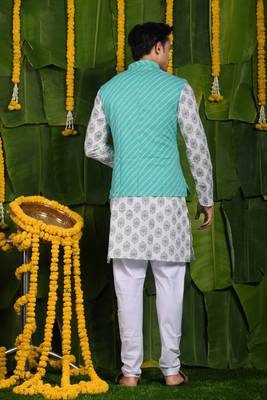Designer aqua blue printed kurta & jacket set 3