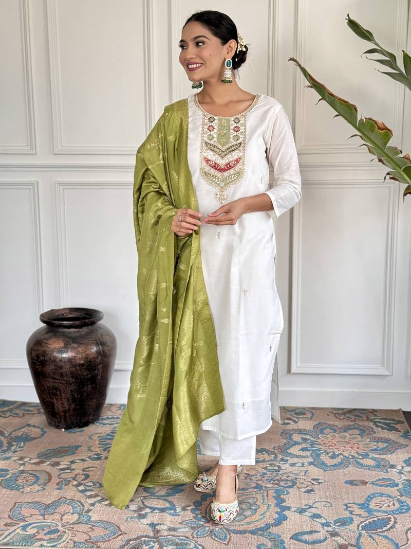 Embroidered Viscose blend Fabric Straight Kurta, Pant and Dupatta Set