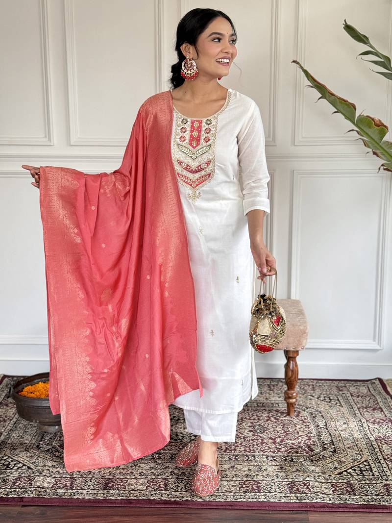 Embroidered Viscose blend Fabric Straight Kurta, Pant and Dupatta Set