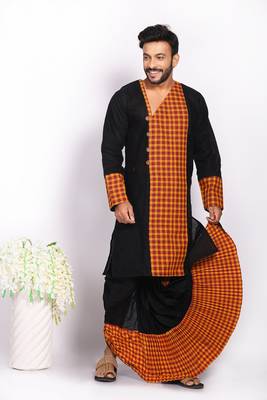 Exclusive black-orange checks dhoti & kurta full set 1