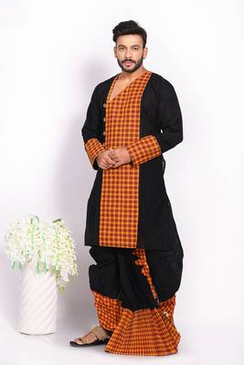 Exclusive black-orange checks dhoti & kurta full set 2