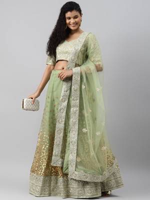 green zari worked soft net lehenga set choli with dupatta 1