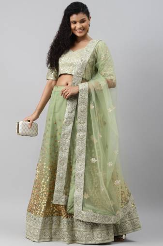 Pretty Green Zari Worked Soft Net Wedding Wear Lehenga Choli