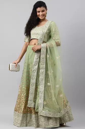 Pretty Green Zari Worked Soft Net Wedding Wear Lehenga Choli