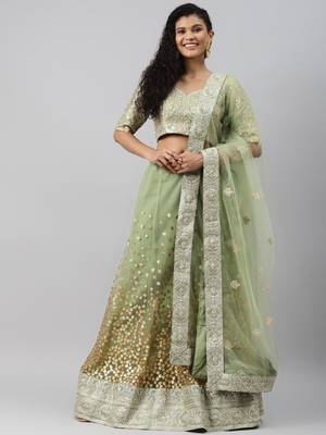 green zari worked soft net lehenga set choli with dupatta 2