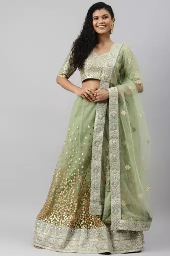 green zari worked soft net lehenga set choli with dupatta