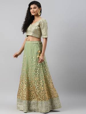 green zari worked soft net lehenga set choli with dupatta 3